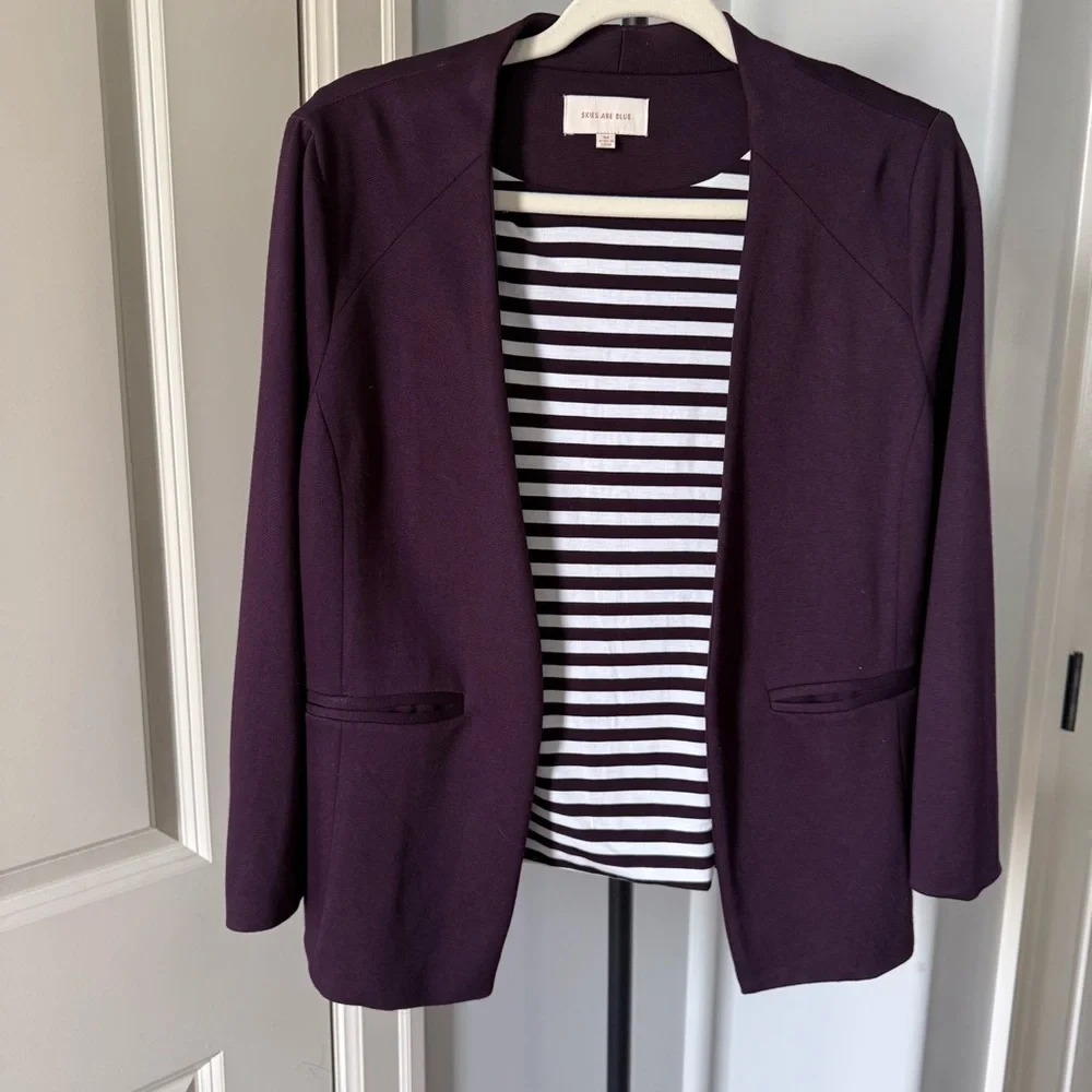 Skies Are Blue Burgundy Open Knit Blazer Striped Lining Anthropologie Medium - Picture 1 of 3